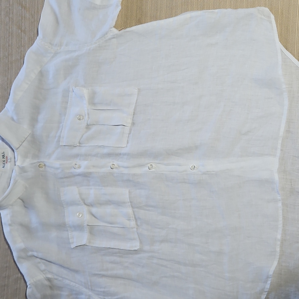 ALEX MILL Utility Shirt White  100% Linen Blouse Sz L N  Pockets Academia Preppy - Picture 2 of 5